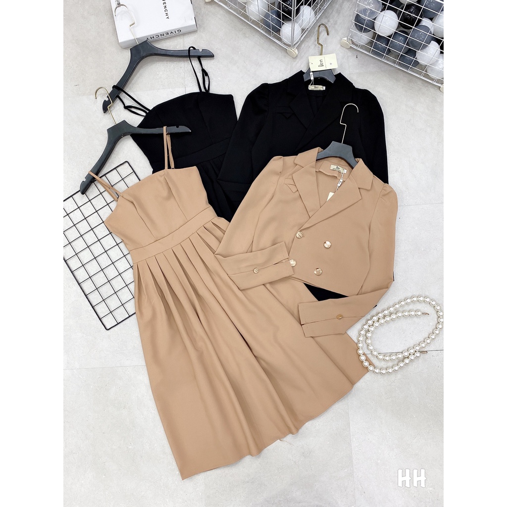 Set vest 2 dây xếp ly, set dài tay dáng xòe, set 2 món, đầm vest 2 dây, váy thu đông, váy công sở- December