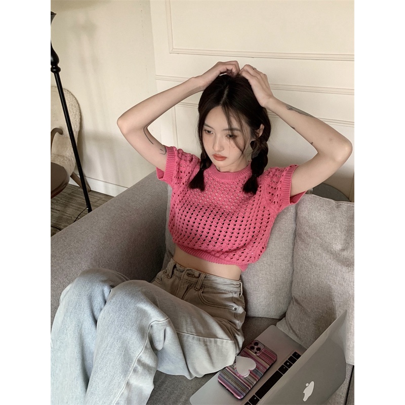 Xiaozhainv Áo Croptop Dệt Kim Thiết Kế Khoét Lỗ Thời Trang Mùa Hè Quyến Rũ Cho Nữ