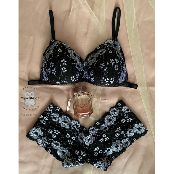 Set bra thiết kế sexy, Đồ lót nữ đen ren gợi cảm ôm ngực nguyên set gồm áo + quần lọt khe dây