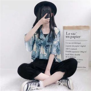 Tách set áo babydoll vạt chéo mèo + quần alibaba siêu cute ulzzang hot 2022