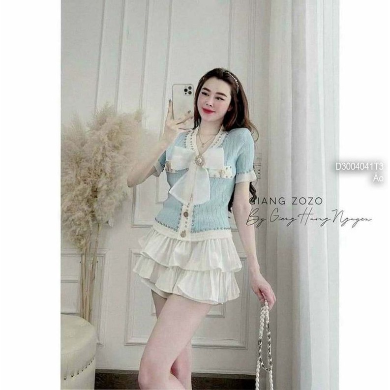 Áo len croptop nơ trắng ngực kết hạt phối viền cổ tim tay ngắn hàng Quảng Châu 3004