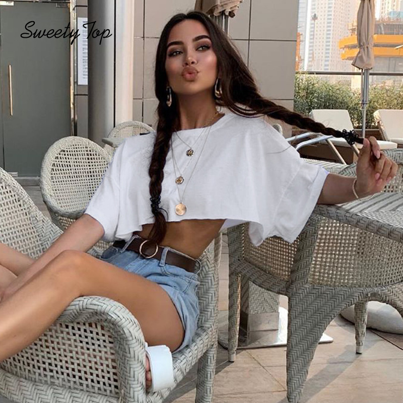 Áo Croptop Dáng Rộng Ngắn Tay Màu Trơn Đơn Giản Thời Trang Mới Cho Nữ