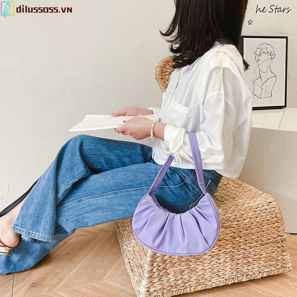 [DILUSSOSS] Túi đeo vai  Small Shoulder Armpit Bag for Women Nylon Solid Color Pleated Cloud Handbag