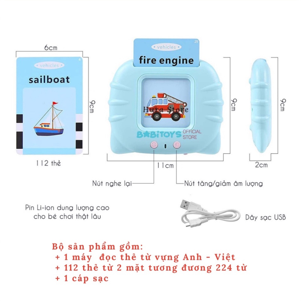 Thẻ học thông minh cho bé, máy đọc thẻ cho bé 112 Thẻ 224 Từ Vựng - song ngữ VIỆT - ANH