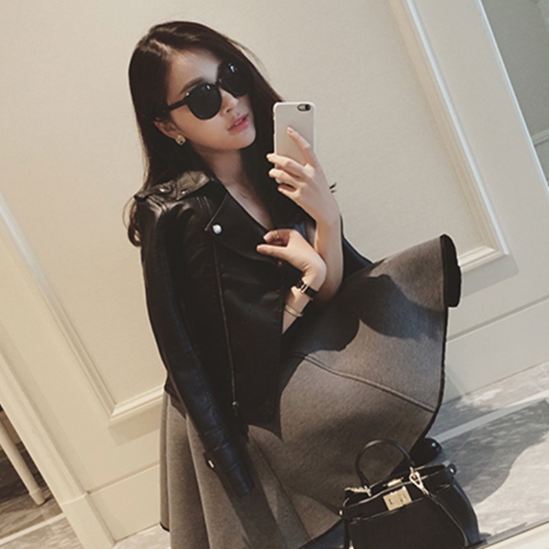 [free gift] Áo Khoác Da Pu Dáng Ngắn Phối Khóa Kéo Kiểu Hàn Quốc Thời Trang Thu Đông Cho Nữ