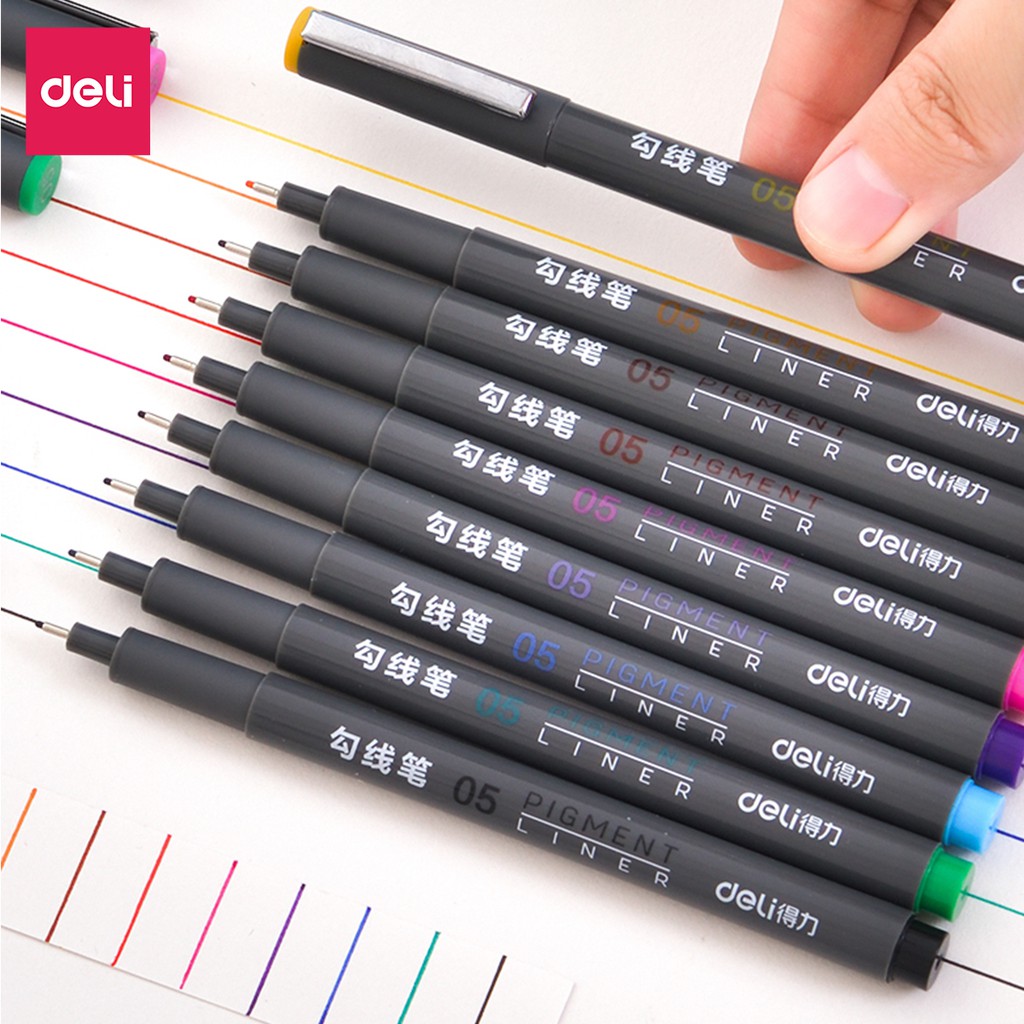 Bút đi nét liner 9 màu Deli - Ngòi bọc kim loại 0.5mm - Màu gốc nước - 9 màu 9 chiếc/Hộp - 1 Hộp - S572 .