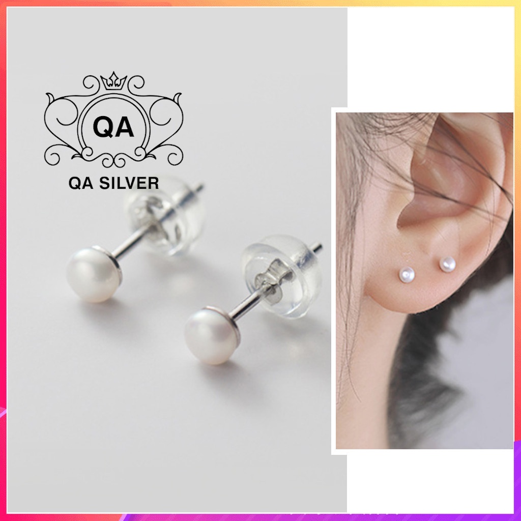 Bông tai bạc 925 ngọc trai nhân tạo khuyên nụ trơn mini tròn tối giản S925 PEARL Silver Earrings QA SILVER EA200801