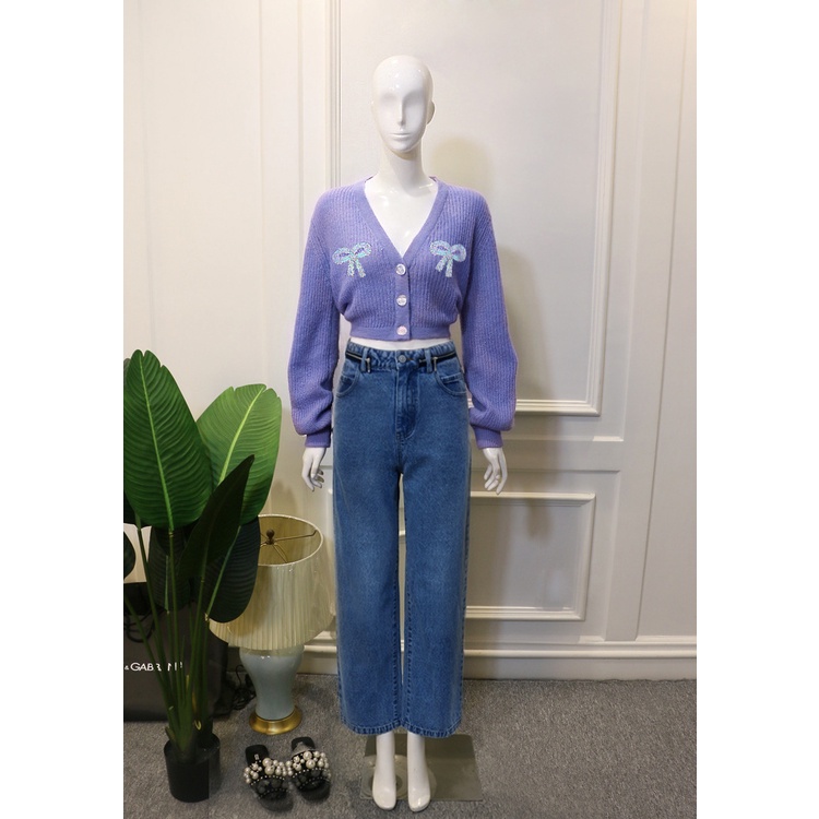 SUXI Áo Cardigan Dệt Kim Dáng Rộng Cổ Chữ V Màu Tím Phối Nơ Xinh Xắn Dành Cho Nữ