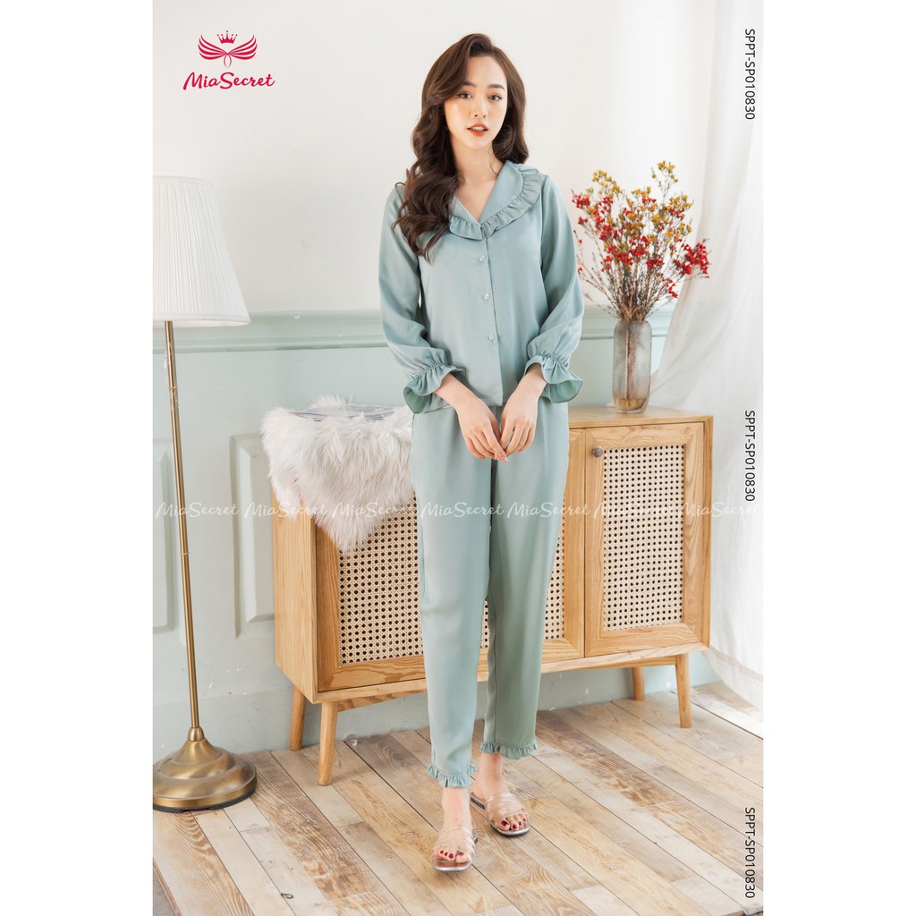 Bộ Đồ Ngủ Pijama Mia Secret Lụa Tằm Băng Cao Cấp - Cổ V Bèo Xanh Ngọc Dài Tay - SP14505995 | BigBuy360 - bigbuy360.vn