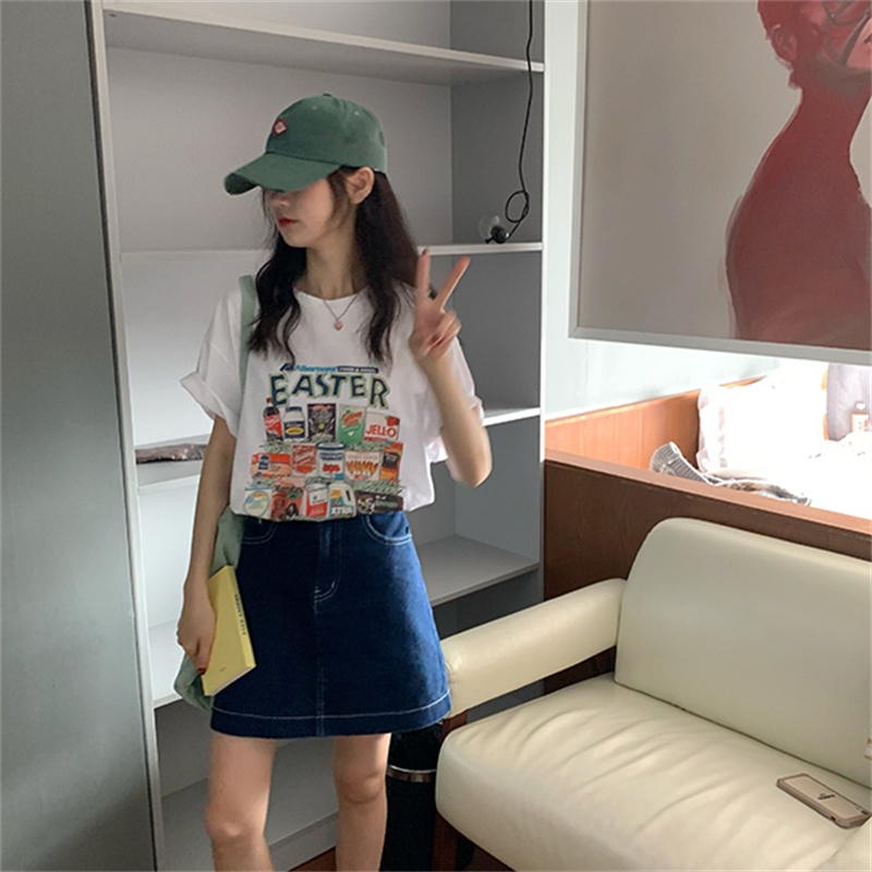 Áo Thun Nữ Ngắn Tay Cổ Tròn In Hình Phong Cách Hàn Quốc Mới