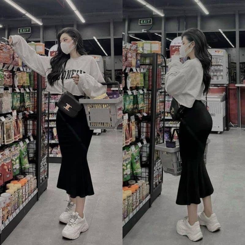 Chân váy đuôi cá dáng dài loe tôn dáng che khuyết điểm, nâng mông, cotton co giãn, mặc được 4 mùa, Freesize (40 - 63kg) | BigBuy360 - bigbuy360.vn