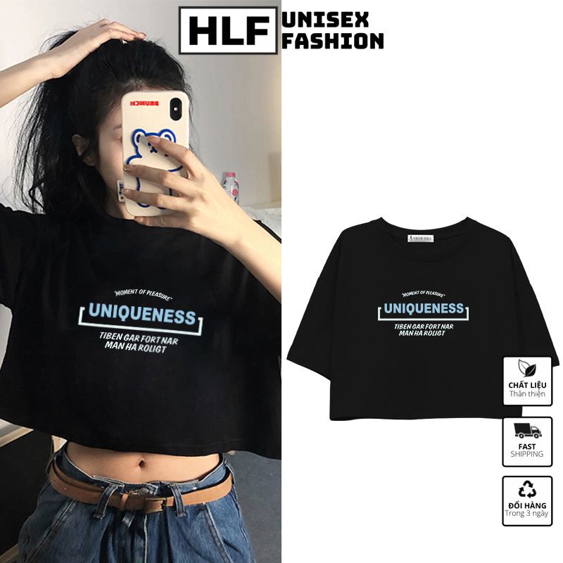 Áo croptop tay lỡ nữ in chữ uniqueness, áo thun nữ HLFashion