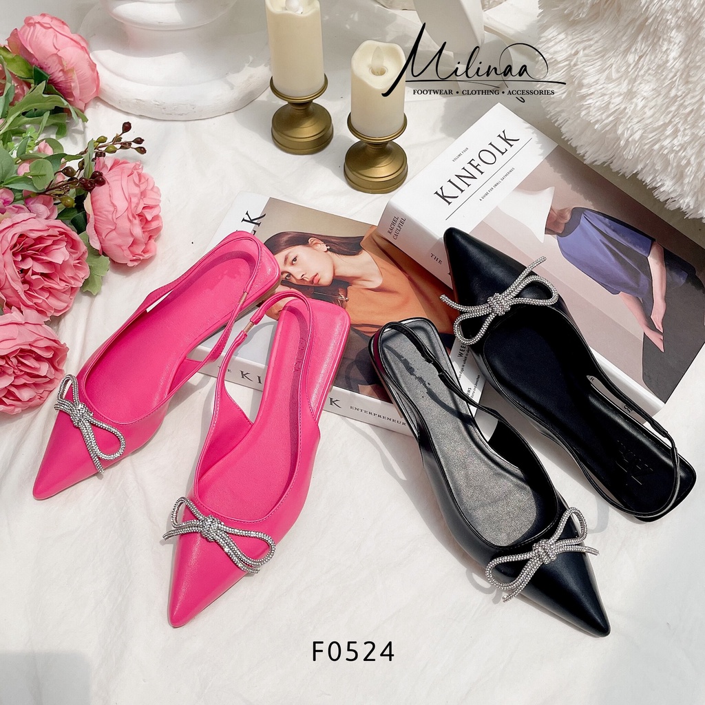 GIÀY SANDAL NỮ SLINGBACK ĐẾ BỆT BÍT MŨI NHỌN TRƠN PHỐI NƠ XOÀN ĐÁ HẬU THUN F0524
