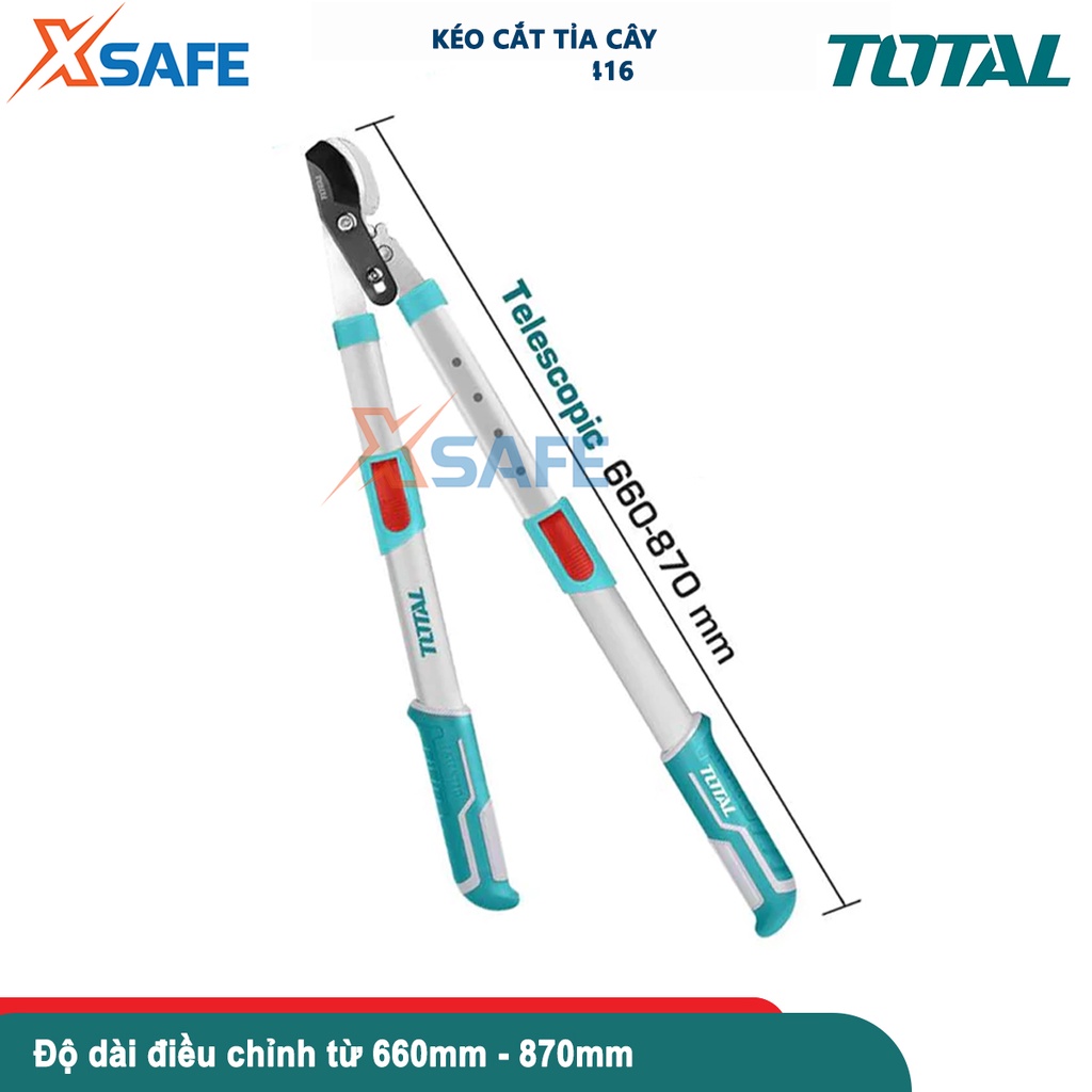 Kéo cắt tỉa cây cảnh TOTAL THTS1527416, chiều dài 660mm-870mm, đường kính cắt tối đa 25mm, lưỡi hợp kim thép carbon
