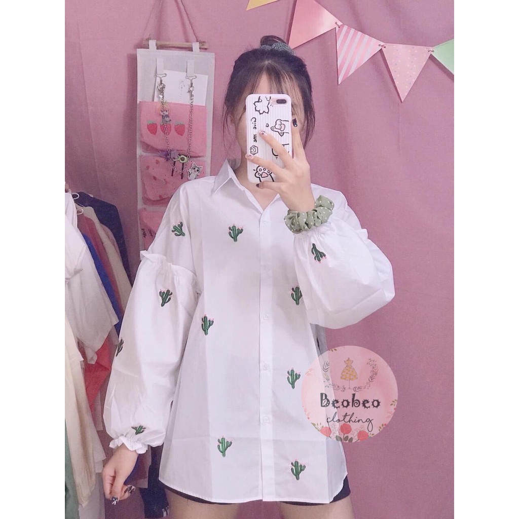[Ảnh thật] Áo sơ mi thêu hình xương rồng tay bo ulzzang | BigBuy360 - bigbuy360.vn
