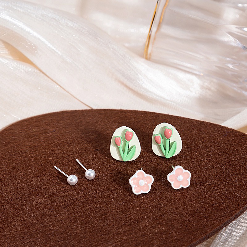 Bộ Sáu Chiếc Bông Tai Bạc Hình Hoa Tulip Nhỏ Nhẹ Sang Trọng Tinh Tế