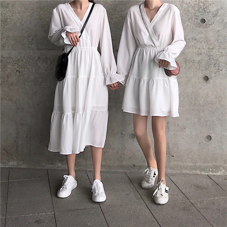 Đầm babydoll dáng xoè tay dài trắng và đen đôi bạn thân dáng ngắn và dáng dài