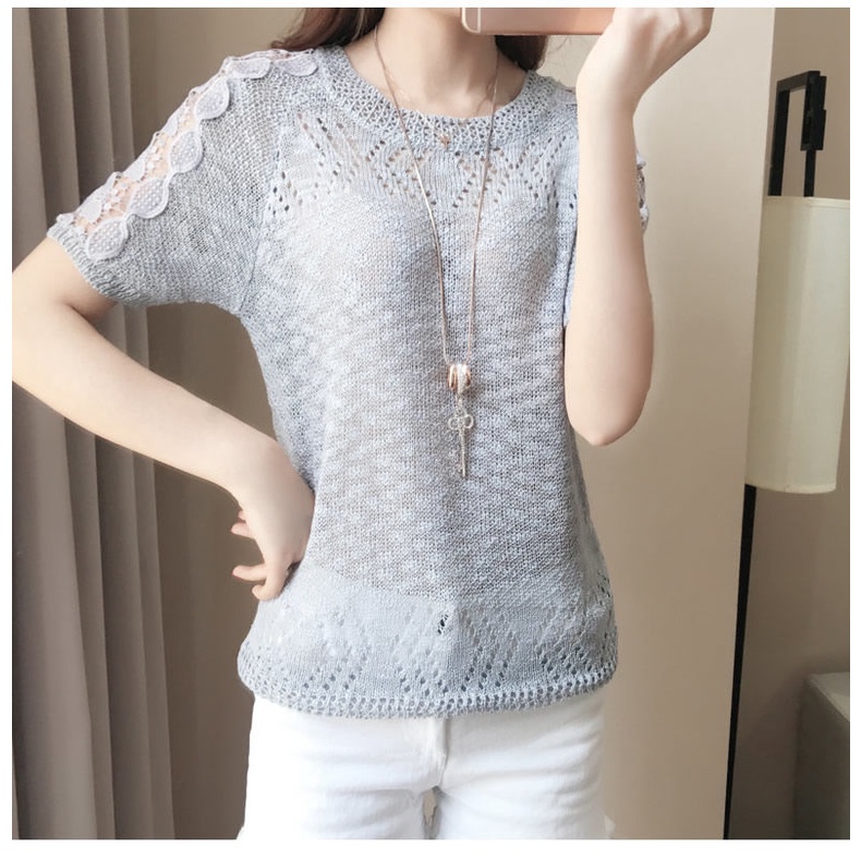 Áokiểu tay ngắn phối ren plus size cho phụ nữ trung niên