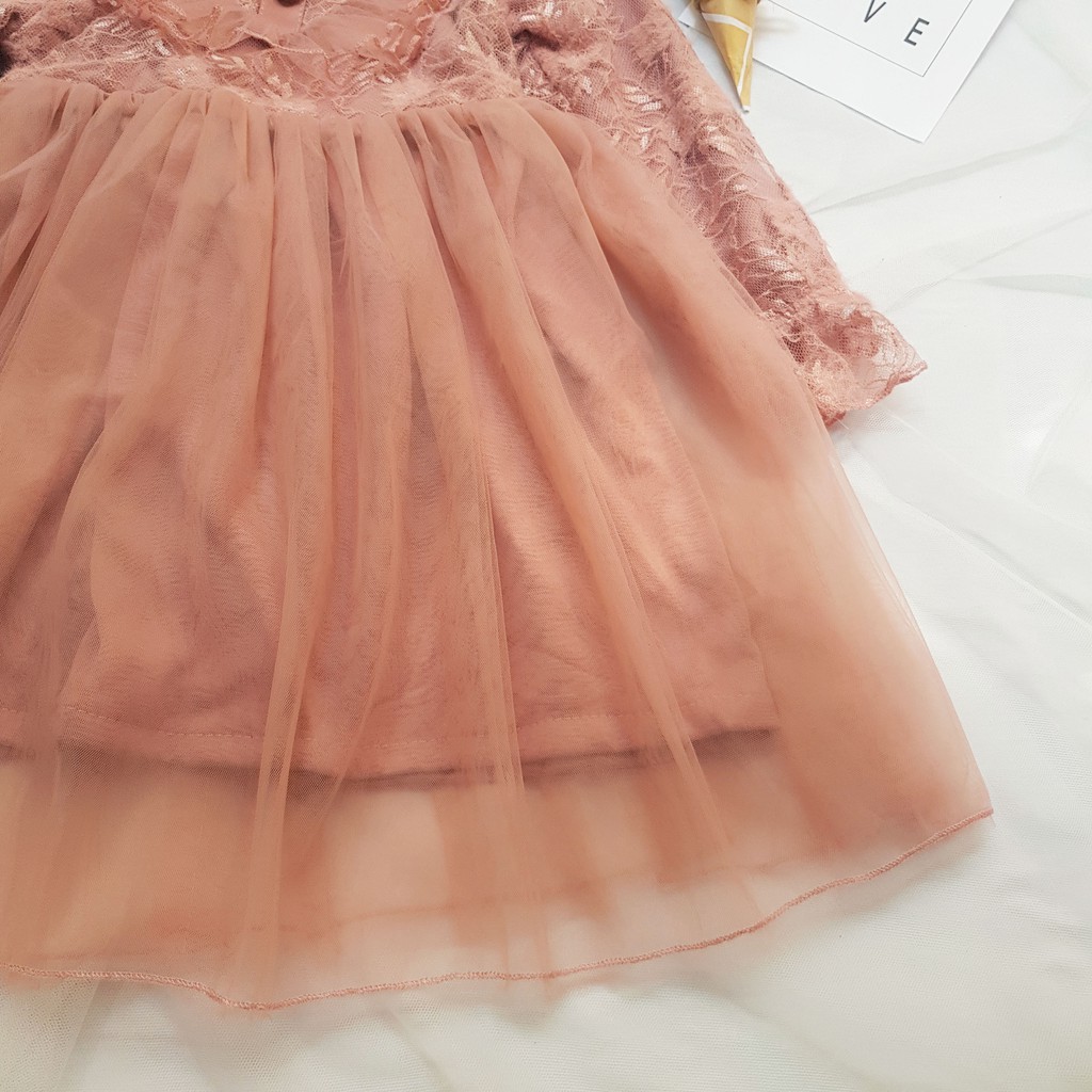 Váy bé gái đầm công chúa dài tay thun nhung phối organza xòe thời trang trẻ em 19Kg đến 22Kg