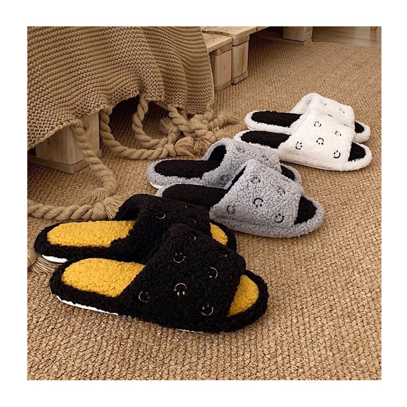 Dép bông hở mũi thêu hình mặt cười đi trong nhà cho cả nam và nữ kèm ảnh thật