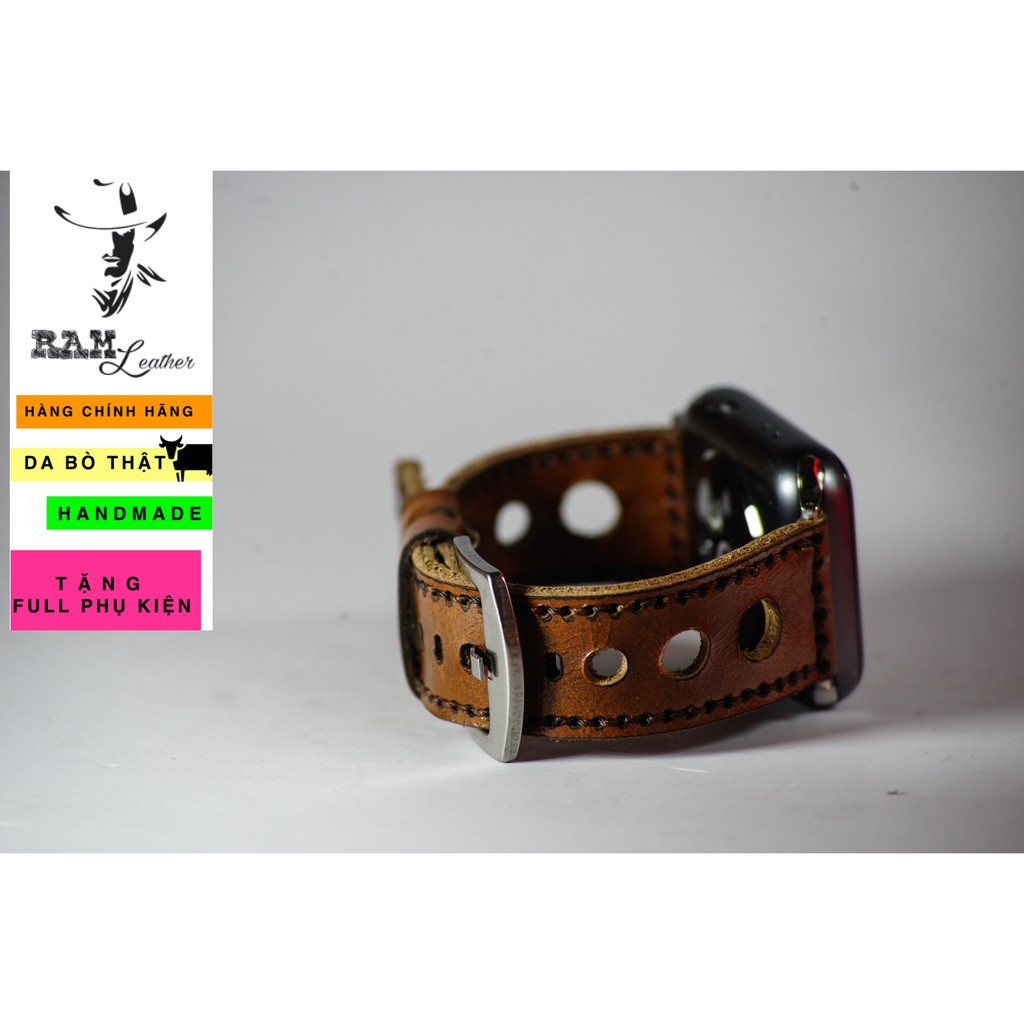Dây đồng hồ da bò cao cấp nâu đỏ kiểu thoáng khí RAM Leather d3 cực đẹp - tặng khóa chốt và cây thay dây