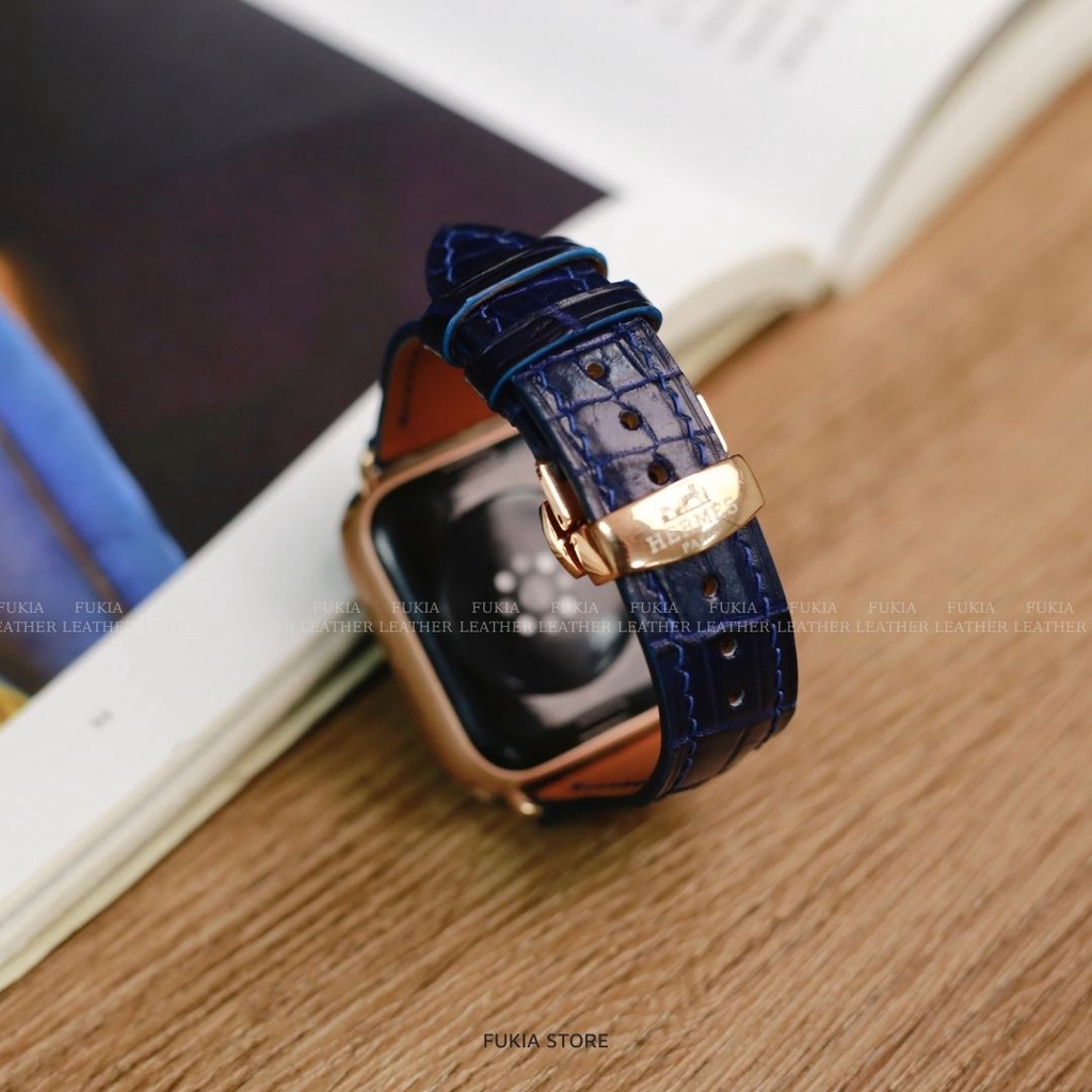 Dây da thủ công Cá Sấu Xanh Navy dành cho iWatch, đồng hồ thông minh, đồng hồ cơ FUKIA DDTC182