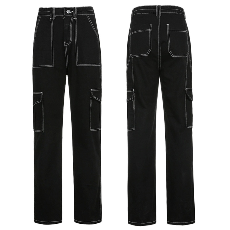 Quần Jean Baggy Lưng Cao Dáng Suông Rộng Phối Túi Bên Hông Hoạ Tiết Kẻ Sọc Thời Trang Dành Cho Nữ