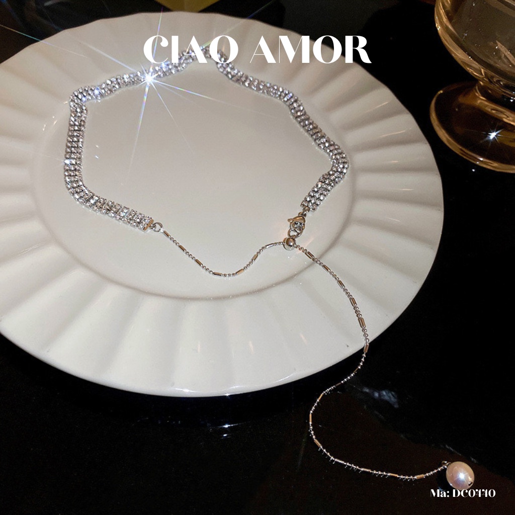 Choker nữ, Dây chuyền nữ titan đính đá lấp lánh 3 mảnh thẳng đơn giản có dây sau Trang sức Ciao Amor - DC0440