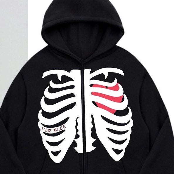 Áo khoác hoodie dây/khóa kéo in hình BỘ XƯƠNG thân trước 4 MÀU Nam Nữ Unisex Nỉ Bông mềm mịn dày dặn