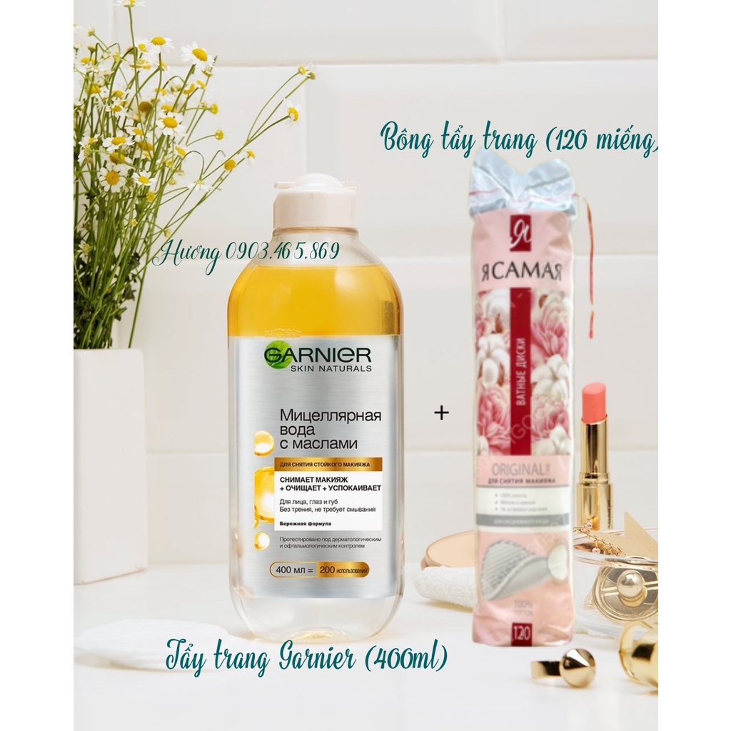 Combo tẩy trang Garnier vàng dạng dầu  + bông tẩy trang tôi là nhất  dành cho da khô, nhạy cảm