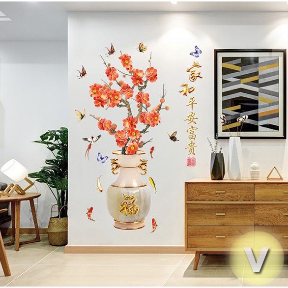 Decal dán tường Bình hoa đào đỏ