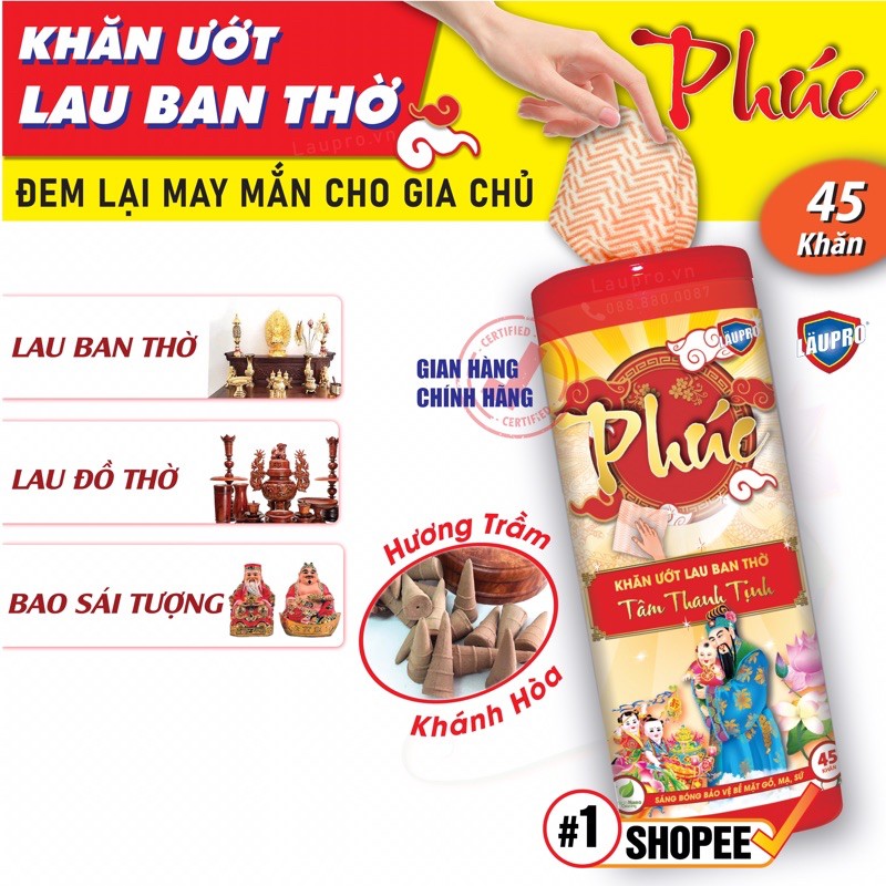 Khăn Ướt Lau Bao Sái Ban Thờ, Đồ Gỗ, Kỷ - Tâm Thanh Tịnh - Phúc - 45 Khăn - Hương Trầm (Laupro)
