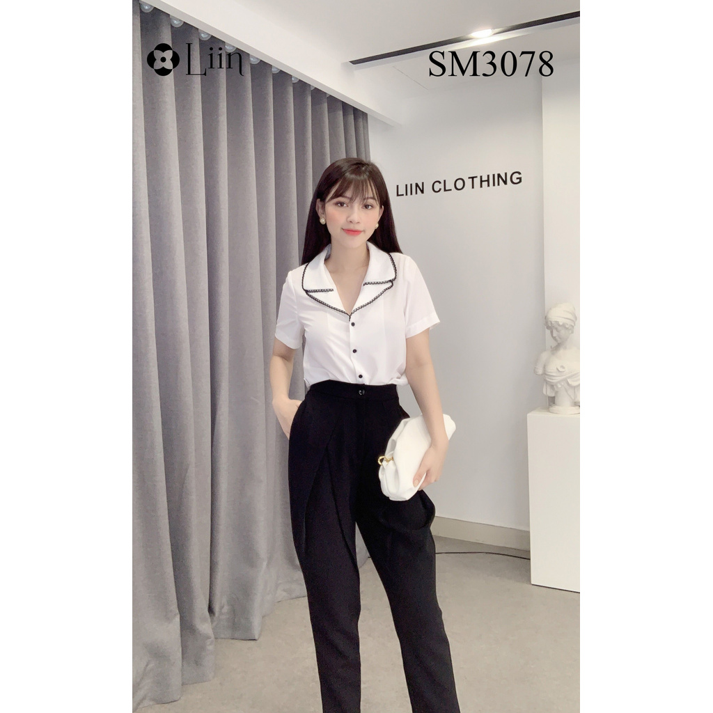 Áo sơ mi nữ màu Trắng Cổ Viền Đen cộc tay xinh xắn Liin Clothing SM3078