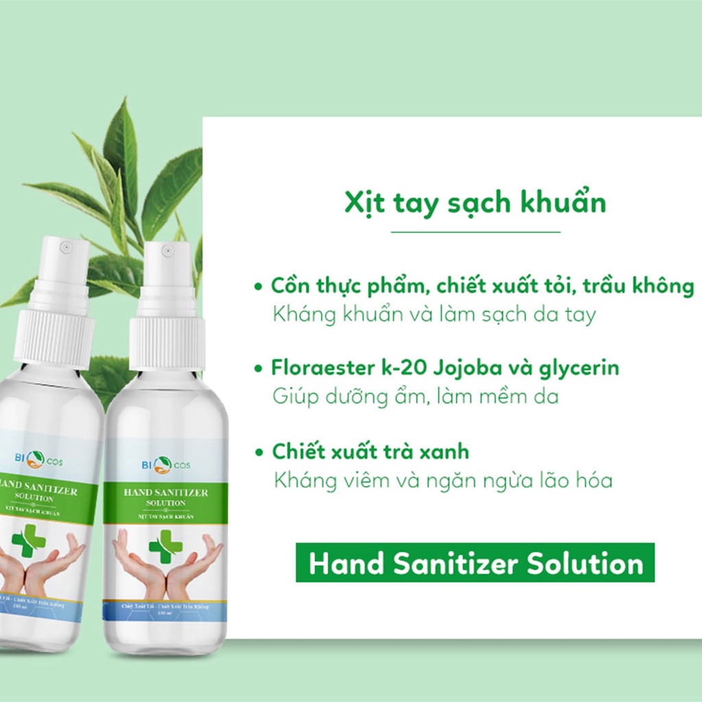 Xịt Tay Sạch Khuẩn Hand Sanitizer Solution BIOCOS 100ml - Chiết Xuất Tỏi, Trầu Không