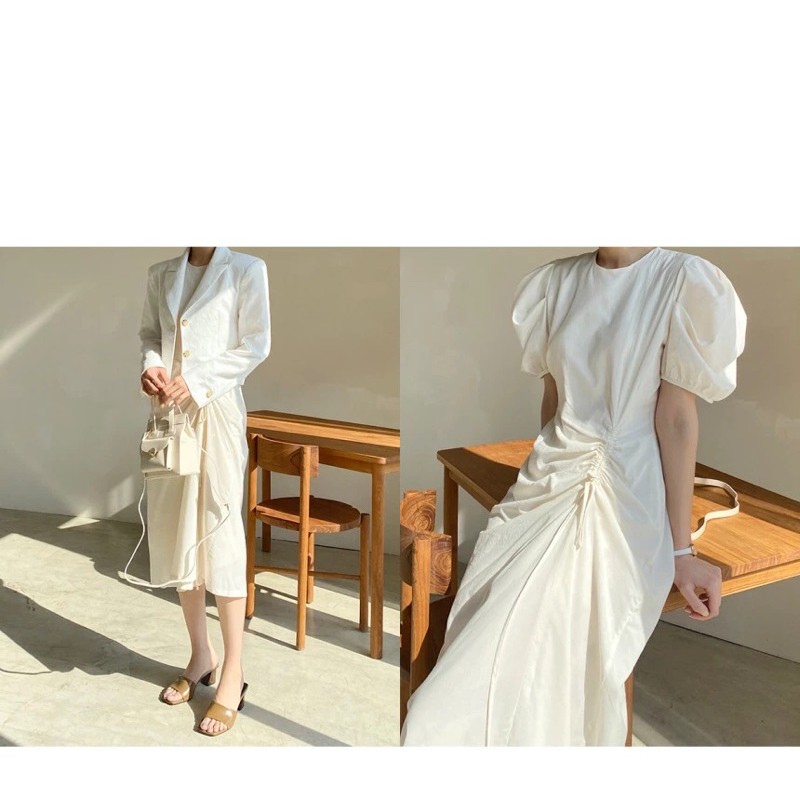 ĐẦM DÀI CHÍT EO  TAY PHỒNG PHONG CÁCH HÀN QUỐC