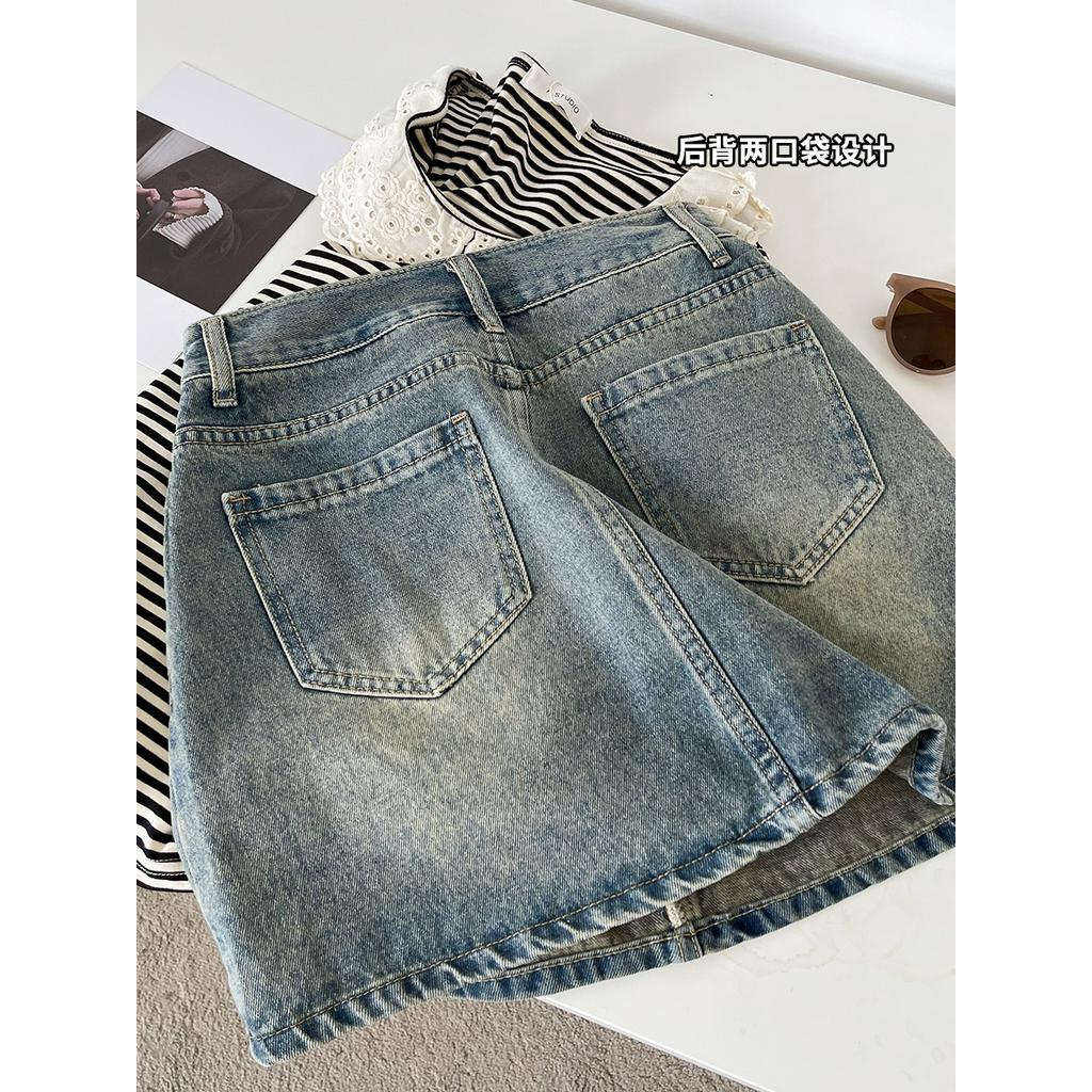 Chân Váy Denim Chữ A Lưng Cao Màu Xanh Dương Phong Cách Mới 65143