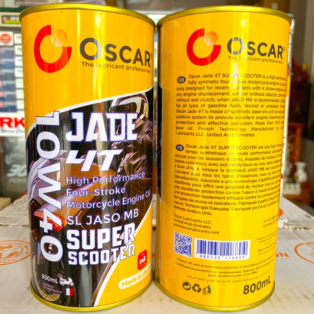 Nhớt Tổng Hợp Cao Cấp Xe Tay Ga Oscar Jade 4T Super Scooter 10W-40 Fully Synthetic Api SL Jaso MB Lon 800ML