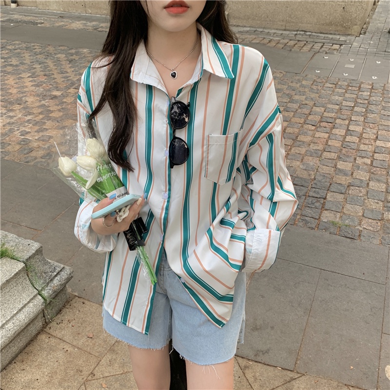Áo sơ mi tay dài dáng rộng họa tiết kẻ sọc cá tính trẻ trung hợp thời trang dành cho nữ