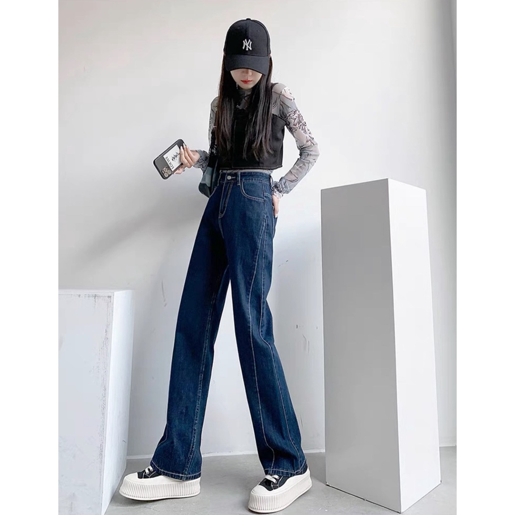 Quần Suông Nữ MunMunStore Quần Bò Chỉ Nổi Cá Tính Trẻ Trung, Ống Rộng Cạp Cao AK458