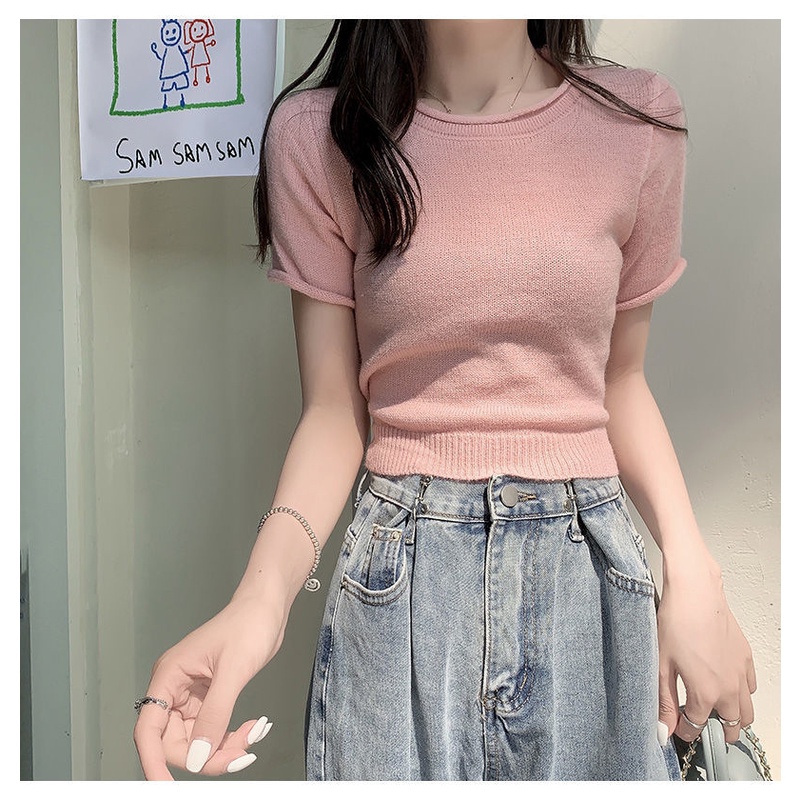 Áo Thun Đan Len Ngắn Thắt Eo Màu Hồng Phong Cách Hàn Quốc Dễ Phối Đồ Thời Trang Cho Nữ