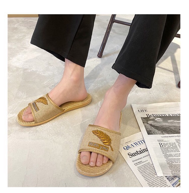 Dép Cói Nam Nữ Thêu Chiếc Lá Đẹp Độc Lạ, Mẫu Bít Đầu Và Mẫu Quai Ngang Đế 2 Phân - Lucky Girl shop