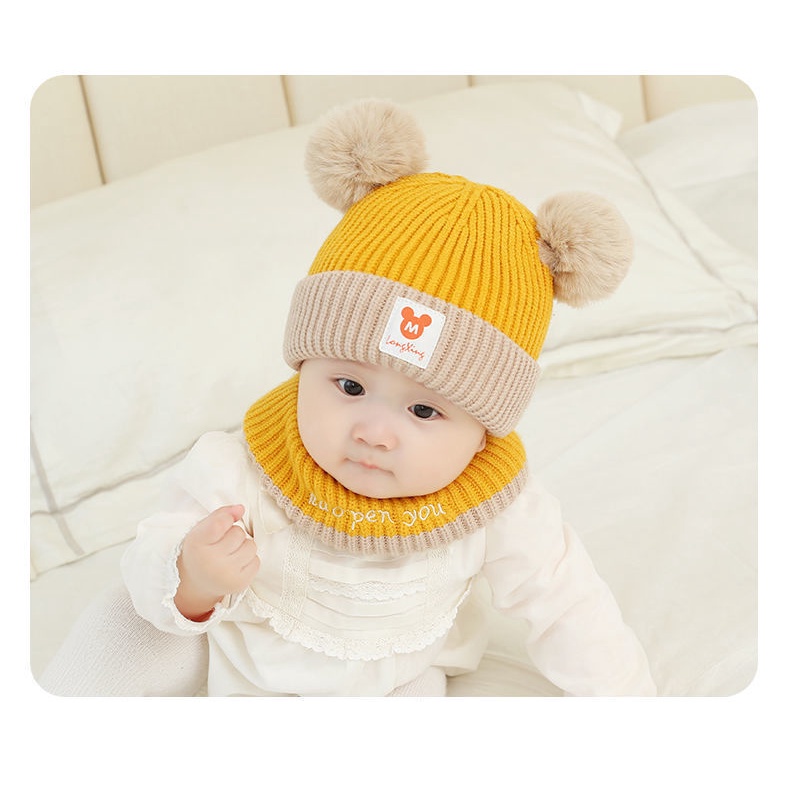 Mũ len kèm khăn quấn cổ đính bóng MICKY lông dễ thương cho bé