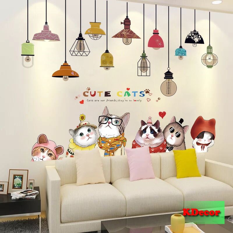 Decal dán tường Mèo cute và dây đèn
