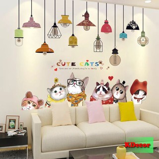 Decal dán tường Mèo cute và dây đèn