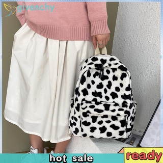 Ba lô đi học sức chứa lớn phủ lông nhung họa tiết bò sữa thời trang cổ điển cho nữ
