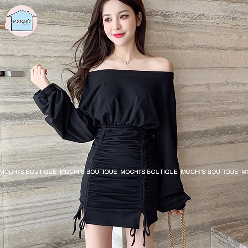 Váy đầm body dài tay lệch vai dây rút, mẫu Váy đầm len tăm body rút dây tôn dáng cực xinh -M027 | BigBuy360 - bigbuy360.vn