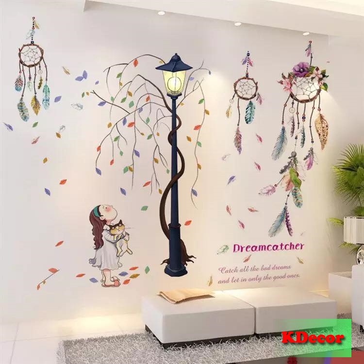 Decal dán tường Cột đèn cỏ hoa