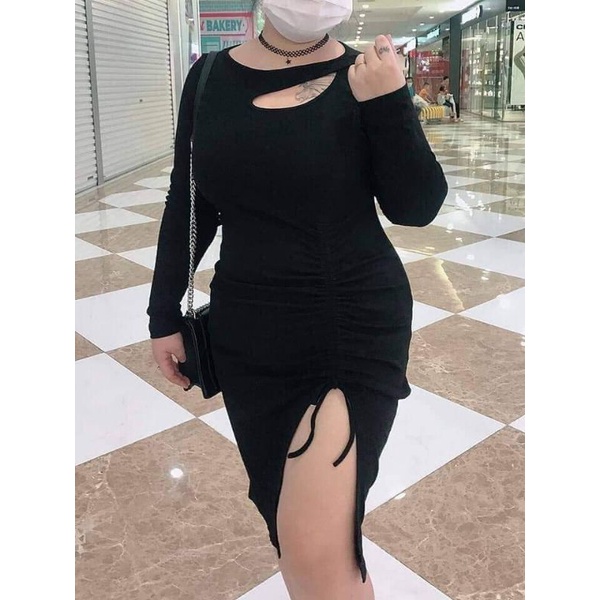 Đầm body rút (tay dài) cotton đen-xám bigsize (60-80kg)