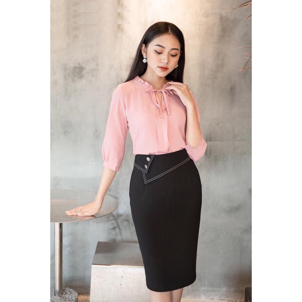 Chân váy bút chì, váy công sở vạt chéo chỉ nổi 2 khuy sắt hàng công sở cao cấp | BigBuy360 - bigbuy360.vn