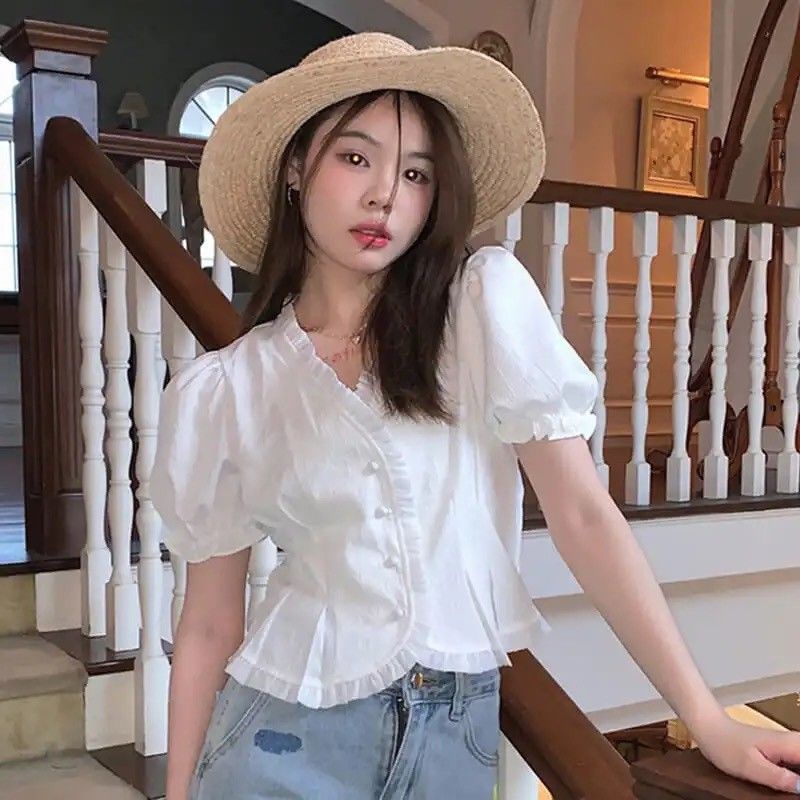 Áo sơ mi COZOKC vải voan tay ngắn in hoa thời trang